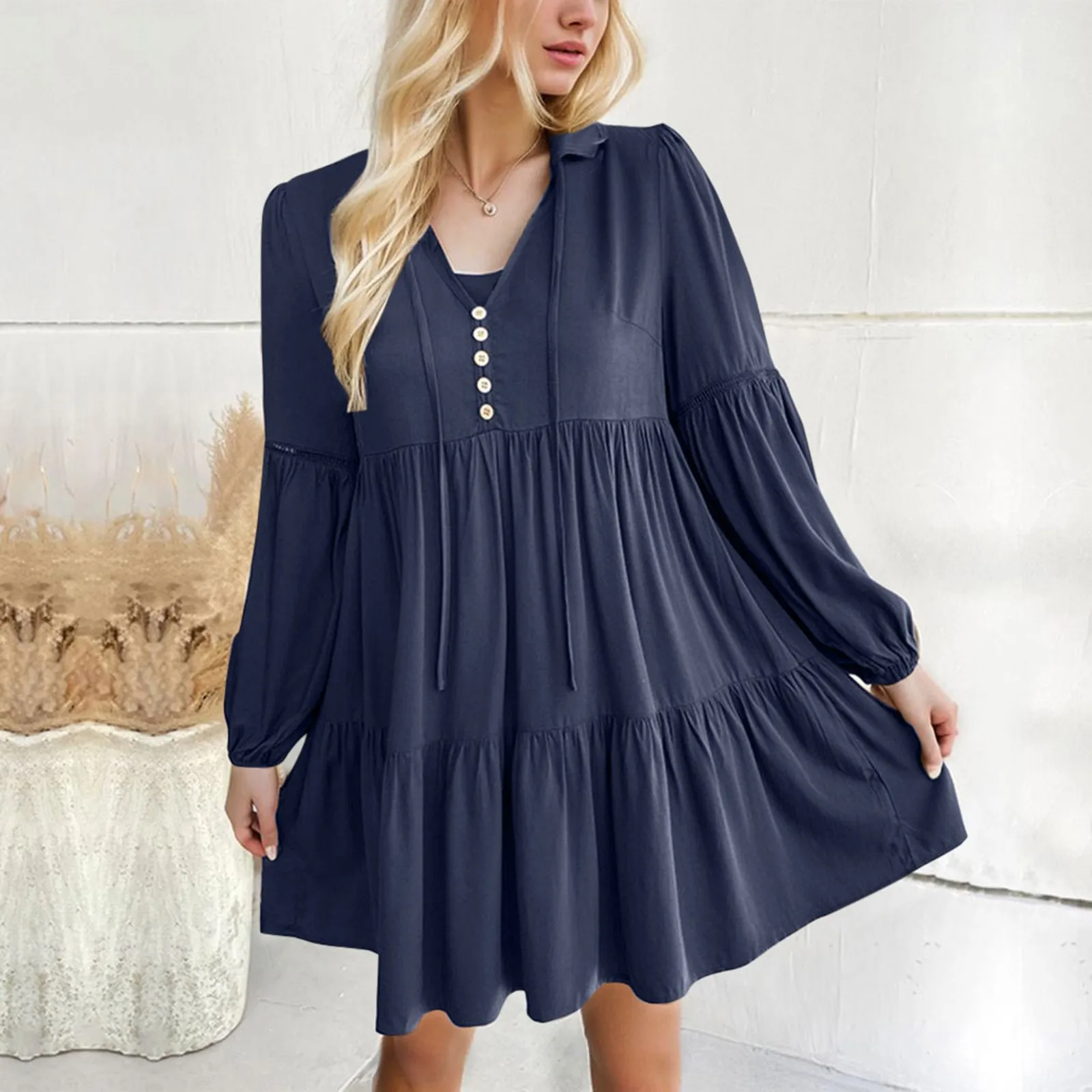 

2023 Woman Autumn Mini Dress Clothes Sweet Long Flare Sleeve V-neck High Waist Loose Chiffon Dress Korean Style A-line Dress