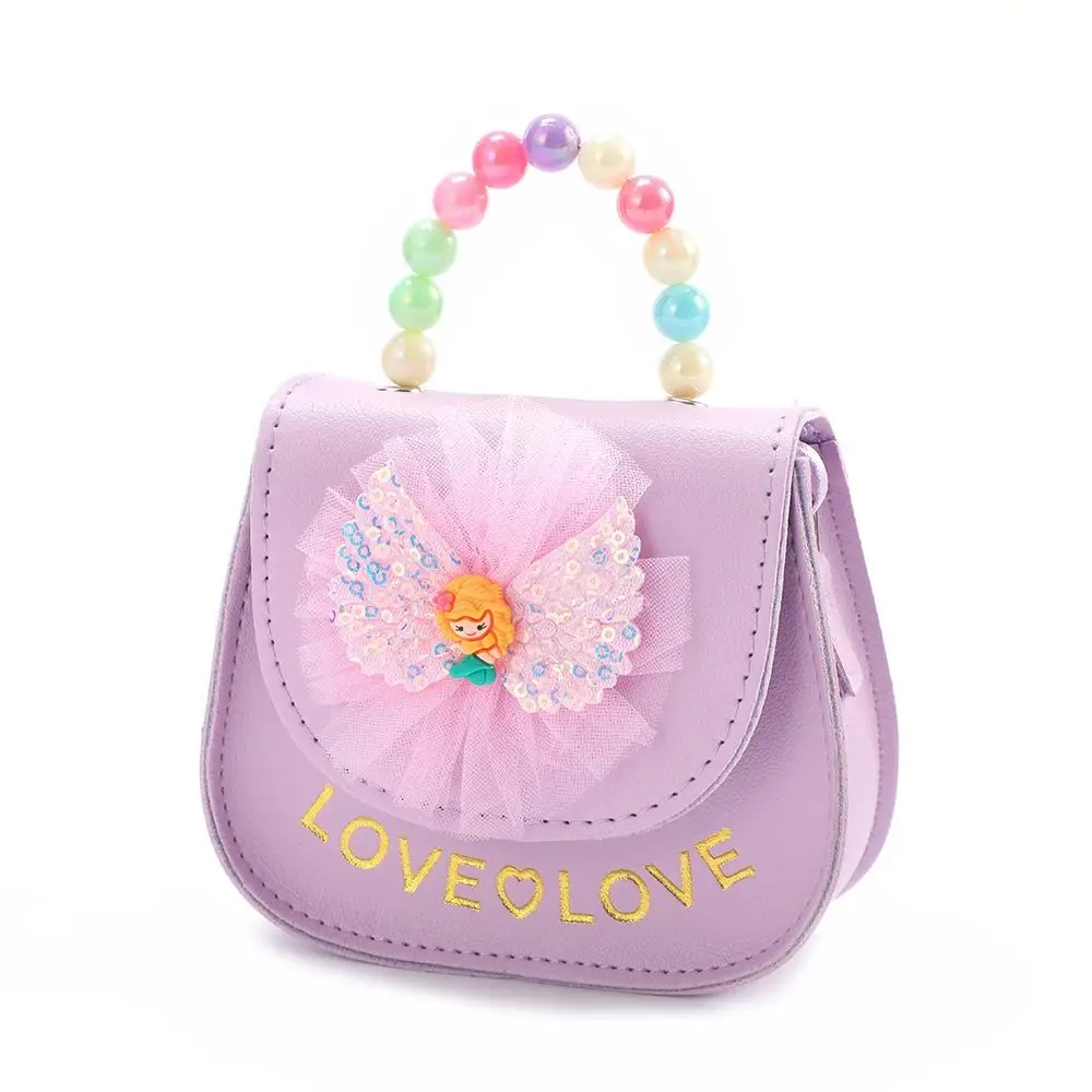 Creative Cute Flowers Children's Messenger Bag PU Leather Pearl Handbags Cartoon Shiny Shoulder Bag