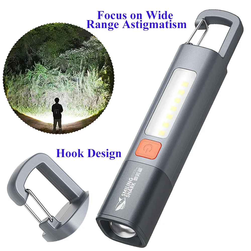 

Portable LED Flashlight USB Rechargeable With Hook Zoomable Torch Outdoor Camping Hiking Long-range Emergency Lantern