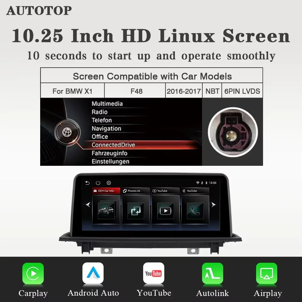 10.25“ Draadloze CarPlay Android Auto Multimedia Speler voor BMW X1 F48 2016 2017 NBT voor YouTube BT AUX GPS Autoradio Hoofdunit