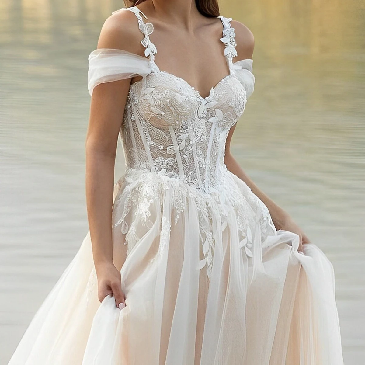 Vestido de novia de tul con lentejuelas brillantes, tirantes finos, cremallera, escote Corazón, hombros caídos, línea A, exquisito, talla grande