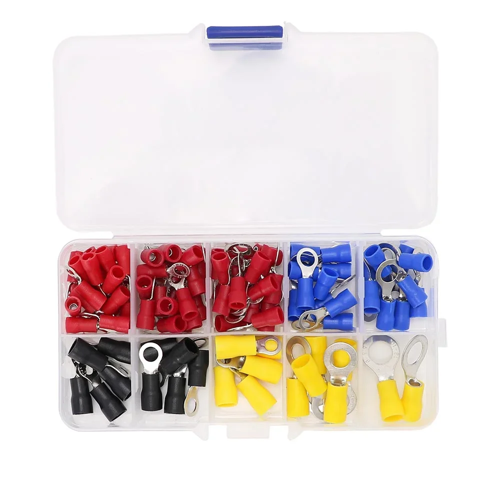 (102pcs/lot RV) Insulated Ring Terminals Electrical Wire Crimp Connector Kit Set With Box, Copper Wire Cord Pin End Butt