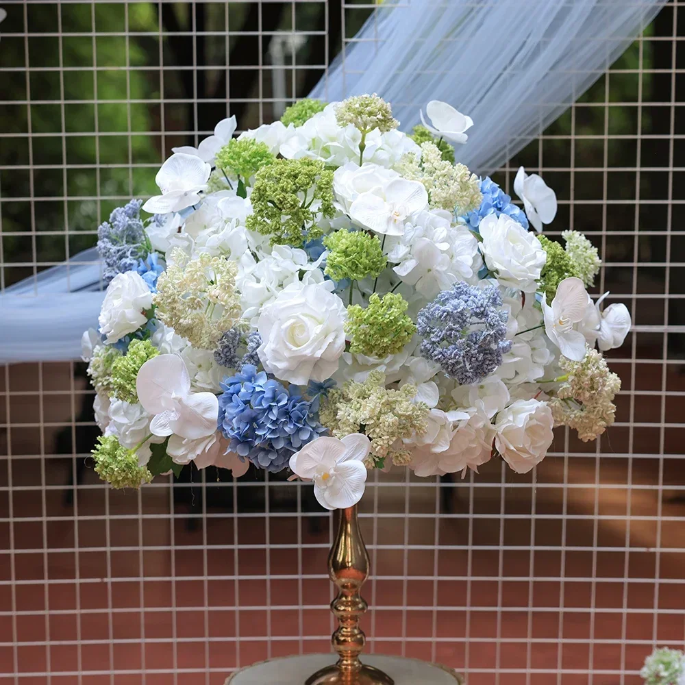 Wedding Decorations White Blue Rose Hydrangea Plant Floral Runner for Event Backdrop Decors Baby Shower Table Centerpiece