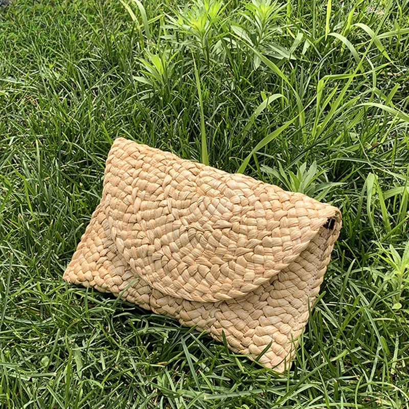 Fashionable Corn Husk Straw Bags Hand-woven Women Clutch Envelope Handbag Long Purse For Female Summer Beach Bag bolsa 2024