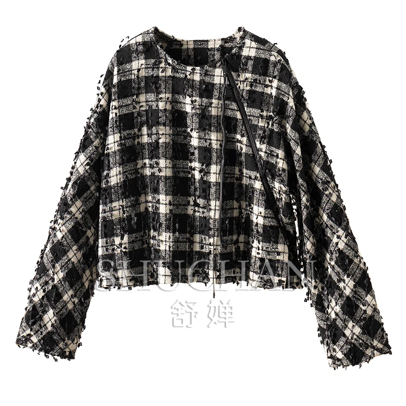 Tassels Jacquard Rare Material,designer Black and White Wool Short Coat Women Abrigos Mujer  Coats and Jackets Women