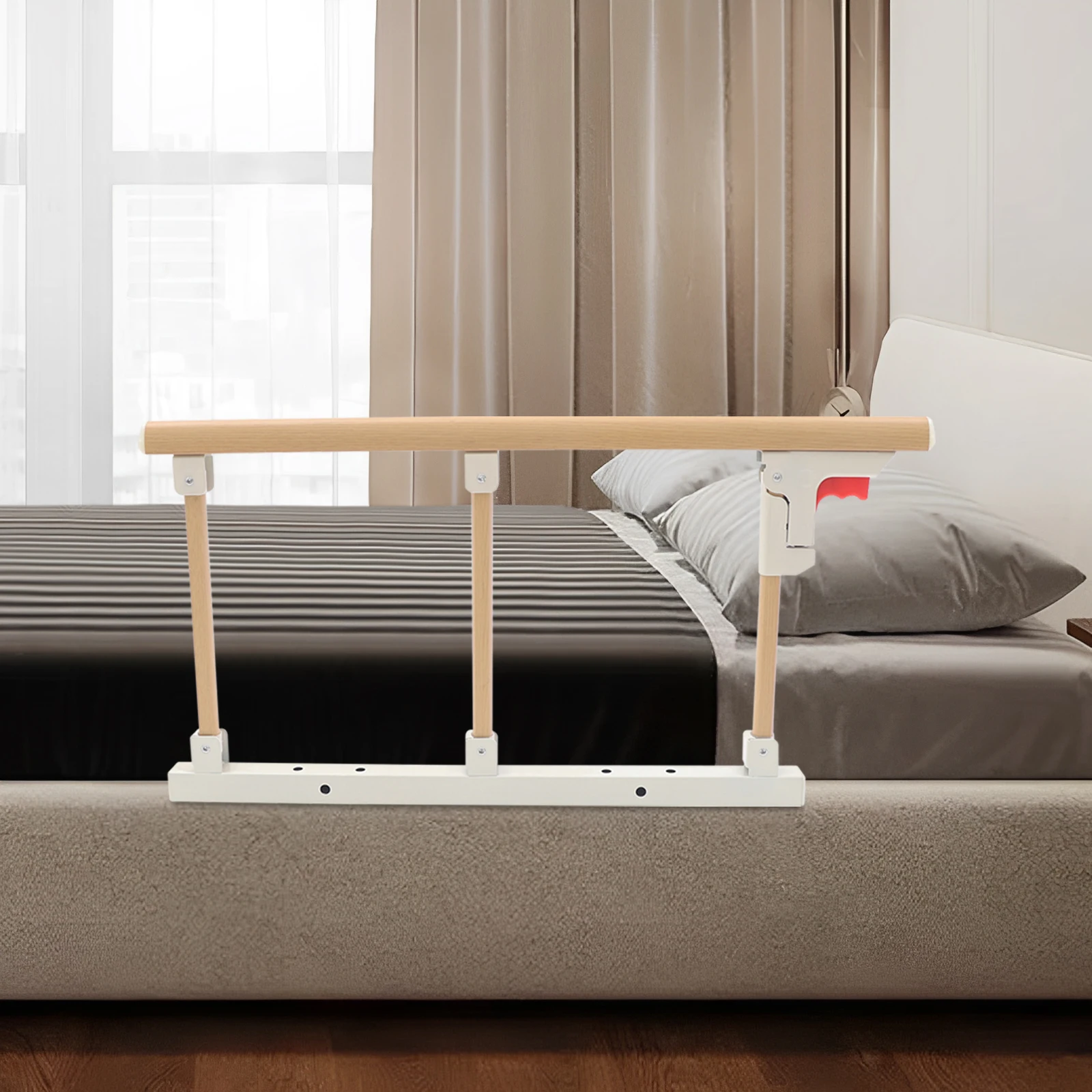 قضبان السرير، حاجز مساعدة بجانب السرير قابل للطي، حاجز حماية سرير أمان 68*44 سم أبيض + لون خشبي للمنازل والفنادق والمستشفيات #3