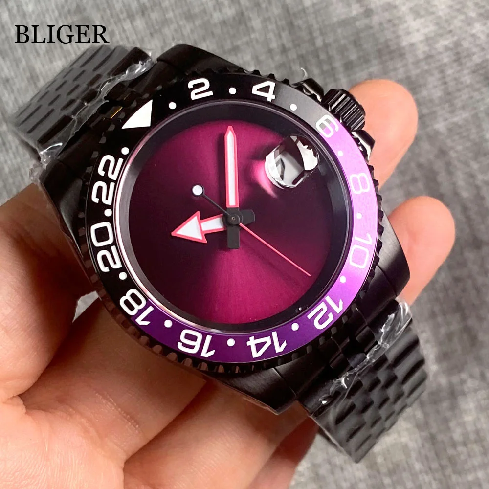 BLIGER 200M Waterproof NH35A Movement Automatic Diver Watch Men Purple Dial PVD Case Jubilee Bracelet