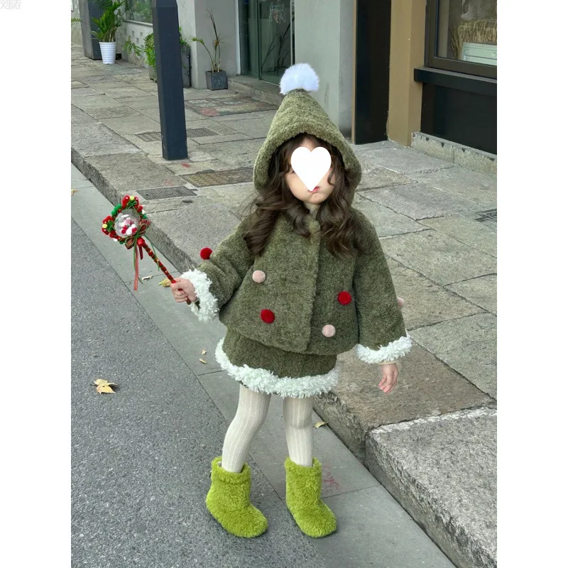 Korean Children's Clothing Girl Christmas Green Suit Autumn and Winter Baby Warm Hooded Cloak Jacket Skirt Two-piece Set