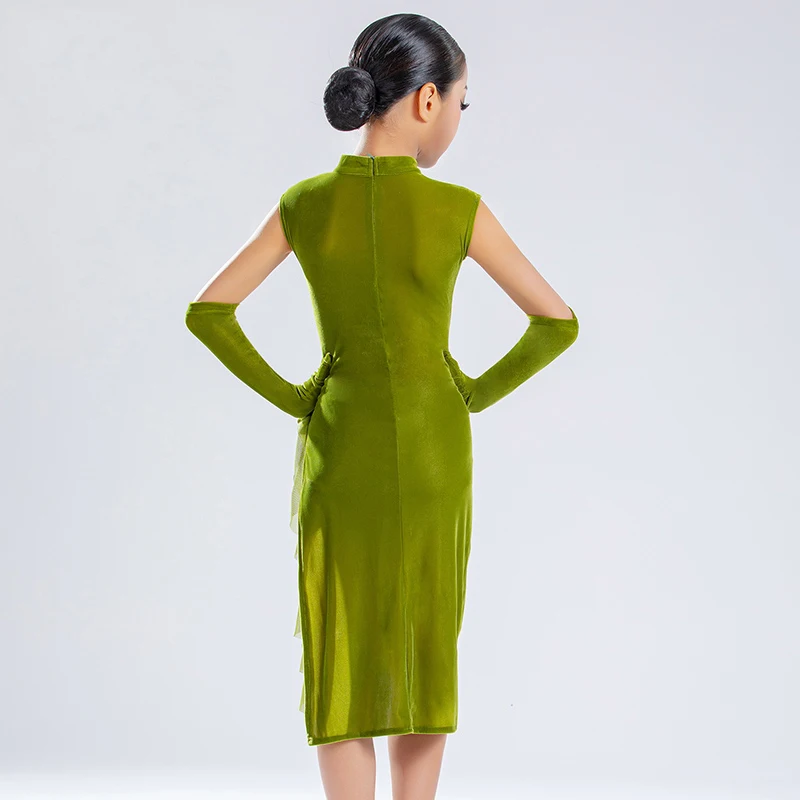 2025 ラテンダンスパフォーマンスドレス女の子のためのクラシックダンス衣装レトロハイスリットグリーンチャイナチャチャラテン摩耗 DN20630