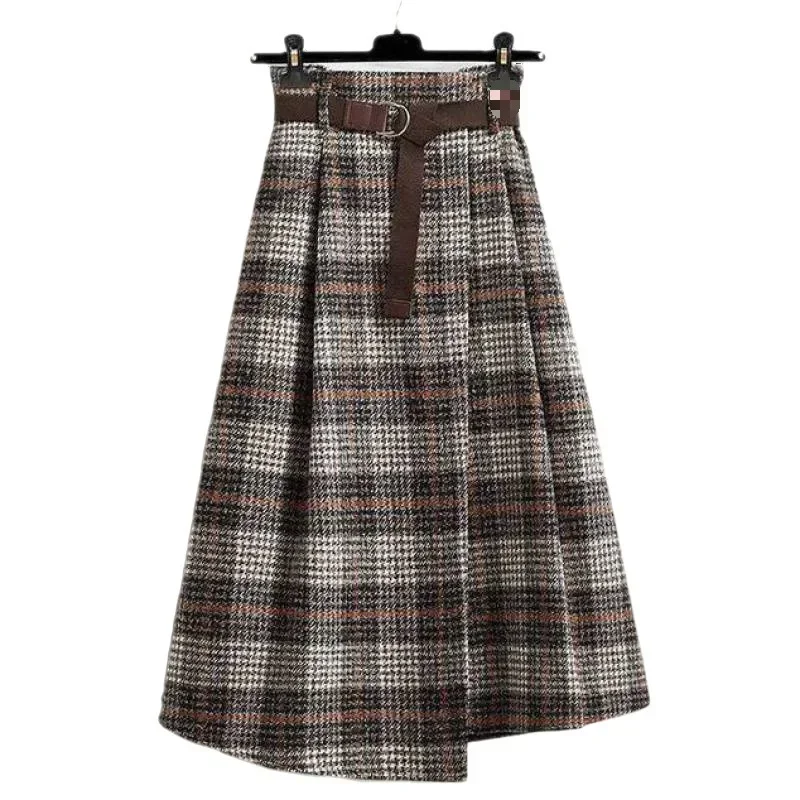 2025 New Autumn Winter Women's Long Skirts Elegant Streetwear Irregular Plaid Skirt Woman Fashion with Belt A-Line Skirts New