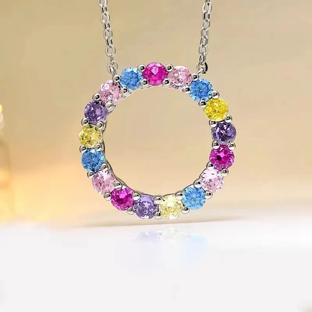 New S925 Sterling Silver Colored Zircon Round Rainbow Necklace, Fashionable and Luxurious Wedding Ladies Jewelry