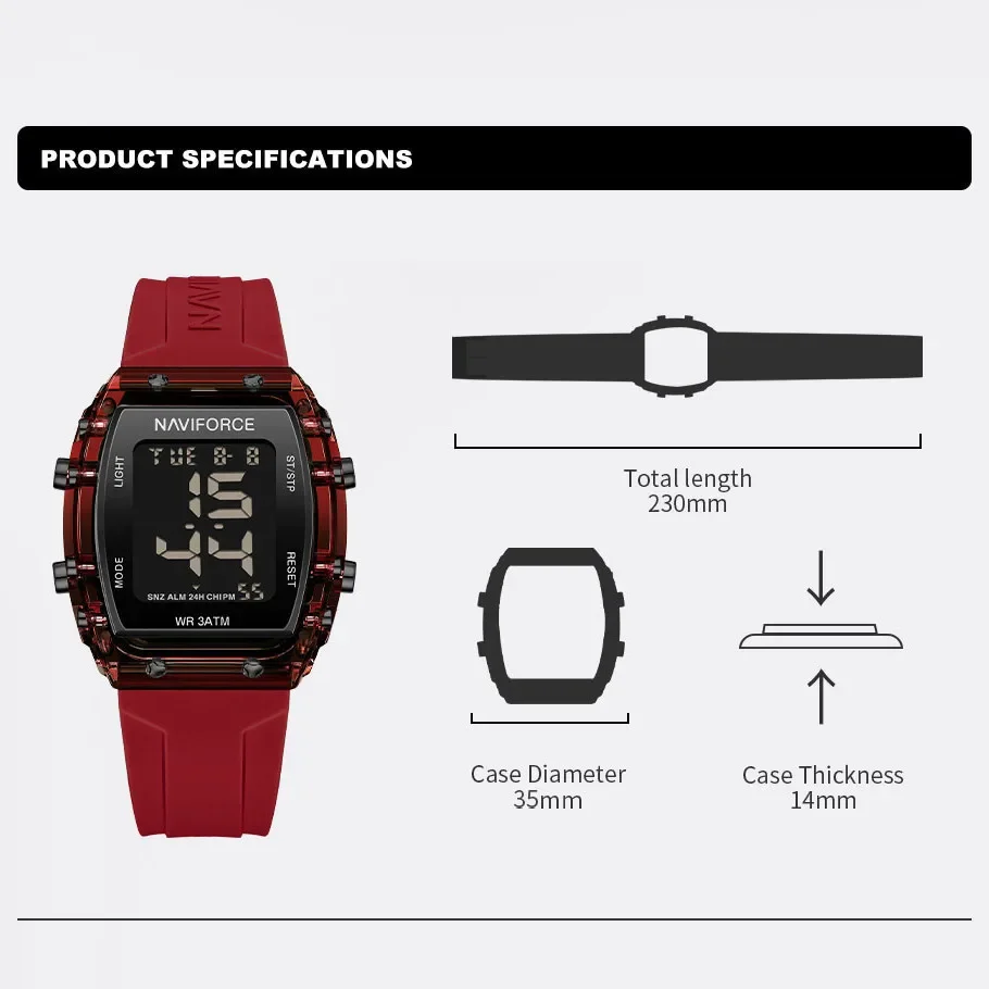 NAVIFORCE Fashion Watches for Women Waterproof Electronic Square Wristwatch Sports Digital LCD Luminous Clocks Relogio Feminino