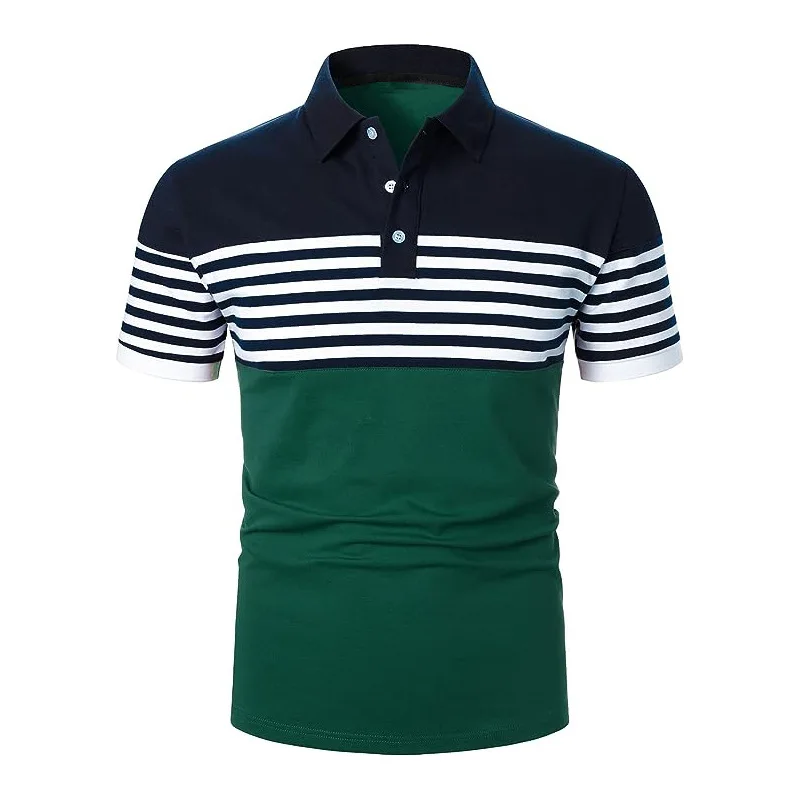 Summer Men's Striped Polo Shirts Short Sleeve Patchwork Fashion Business Casual Polos Male Turn Down Collar Pull On Tees Tops