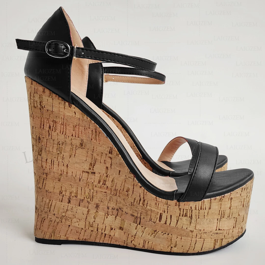 

BERZIMER Women Pumps Platform Wedges 17CM Open Toe Faux Leather Sandals Handmade Height Increase Shoes Woman Large Size 38 43 47