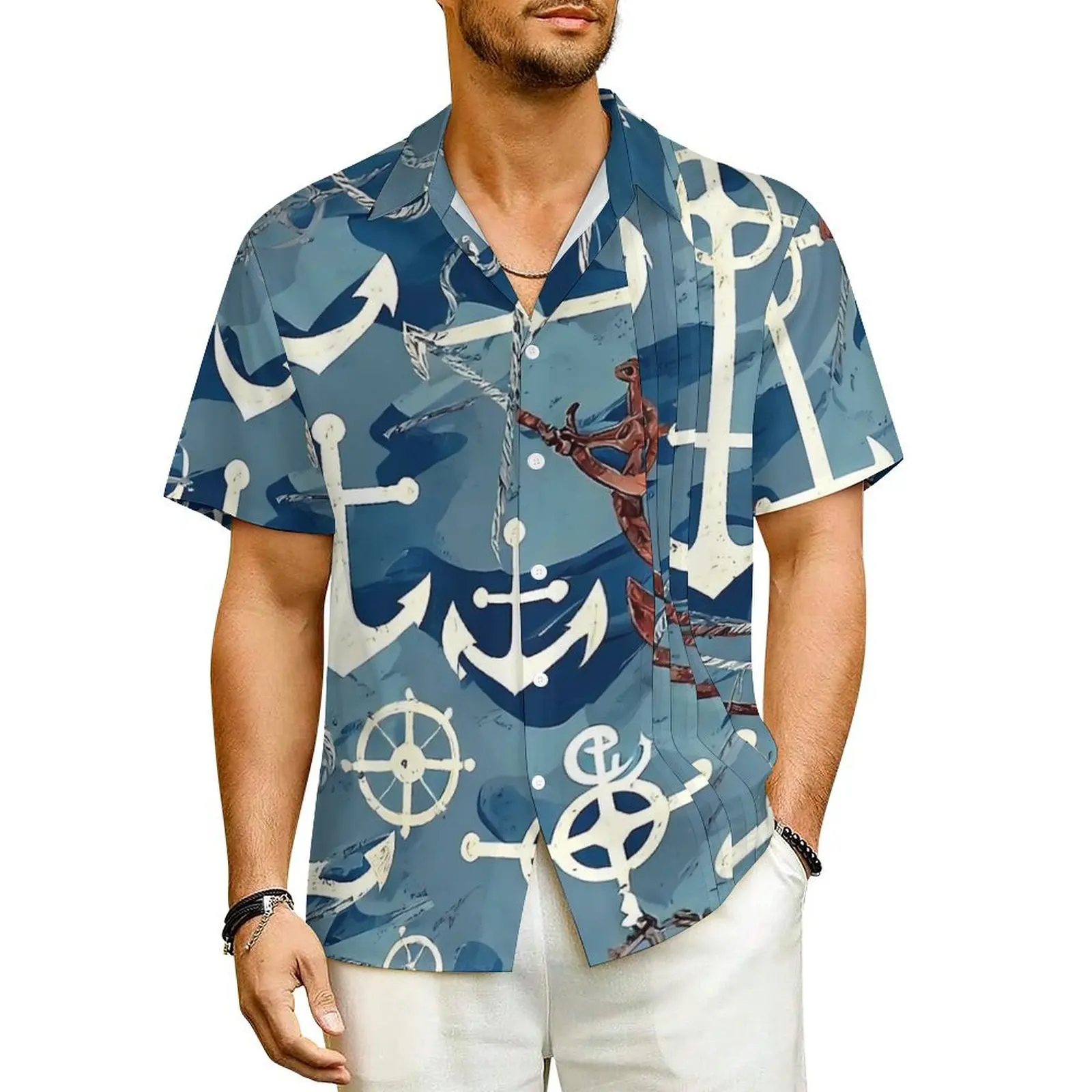 

Hawaii Shirt Beach Retro Nautical Anchor Blouses Vintage Casual Shirts Mens Short Sleeves Breathable Plus Size 4XL Clothes