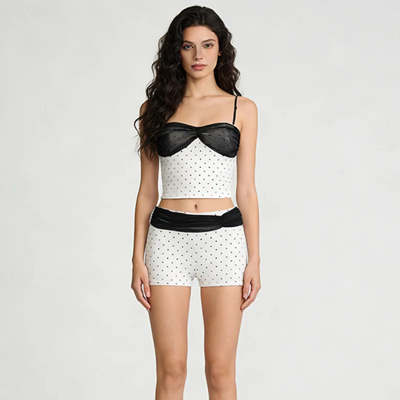 

Женские повседневные комплекты из двух предметов: топы без рукавов с принтом в горошек и сетчатыми вставками + шорты, комплект уличной одежды