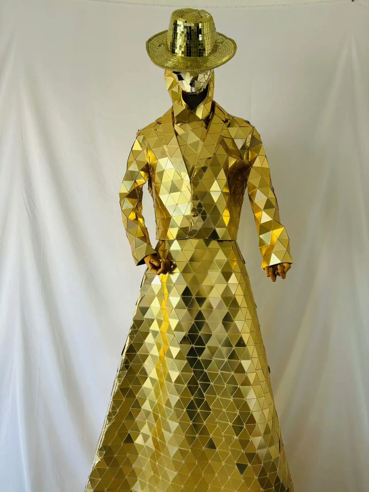 Women Shiny Gold Mirror Dress Stilts Walker Show Performance Costume