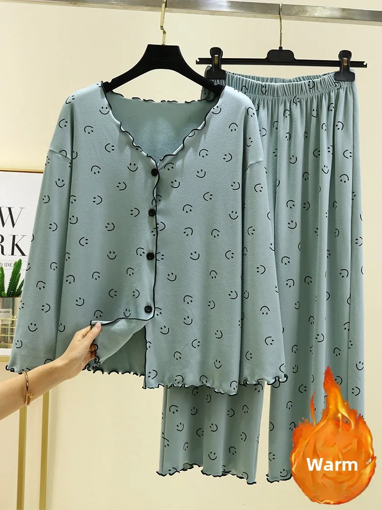 

Thiened Fce Home Clothes Set Women's Winter Warm Smile Design Two-Piece Long Sve V-Ne Sweater Pants Spwear