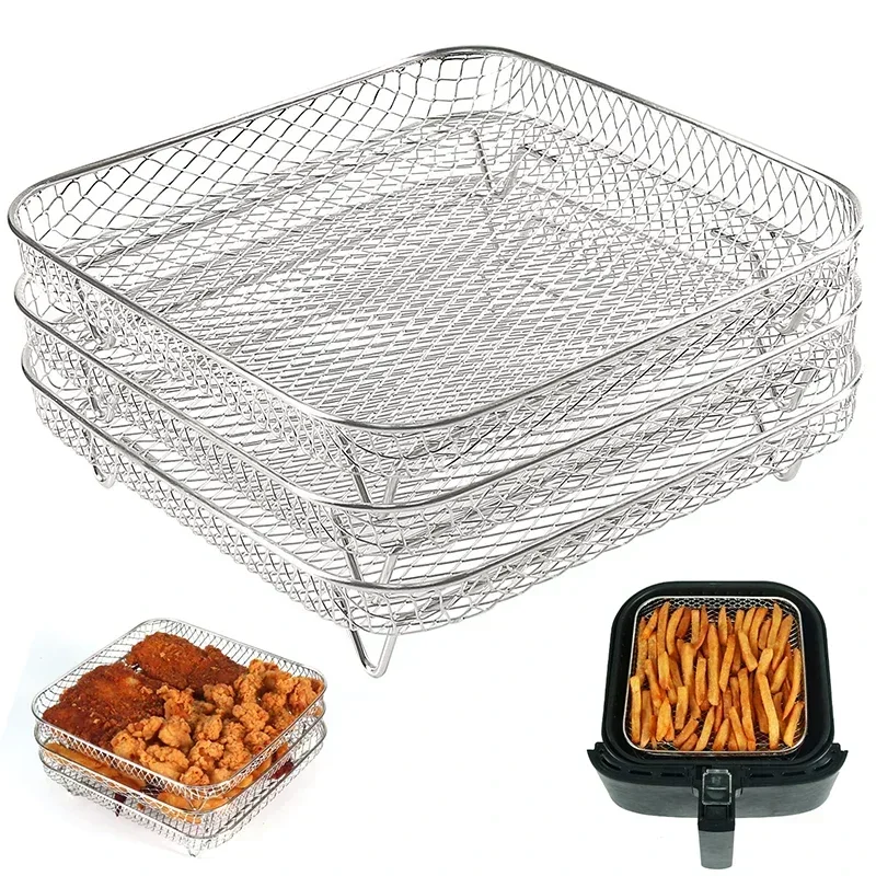 

8inch Square Air Fryer Grill 3 Layer Stainless Steel Vortex Fryer Fried Chicken Fries Cooling Rack for Kitchen Air Fryer Tools