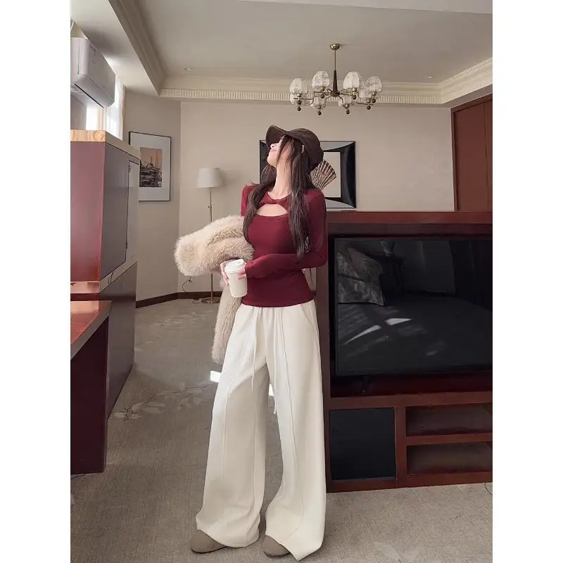 Women's Long Sleeve T-Shirt Design Knot Hollow out Slim Fit Waist Control Winter New Style Base Layer Top V-Neck Cotton Blend