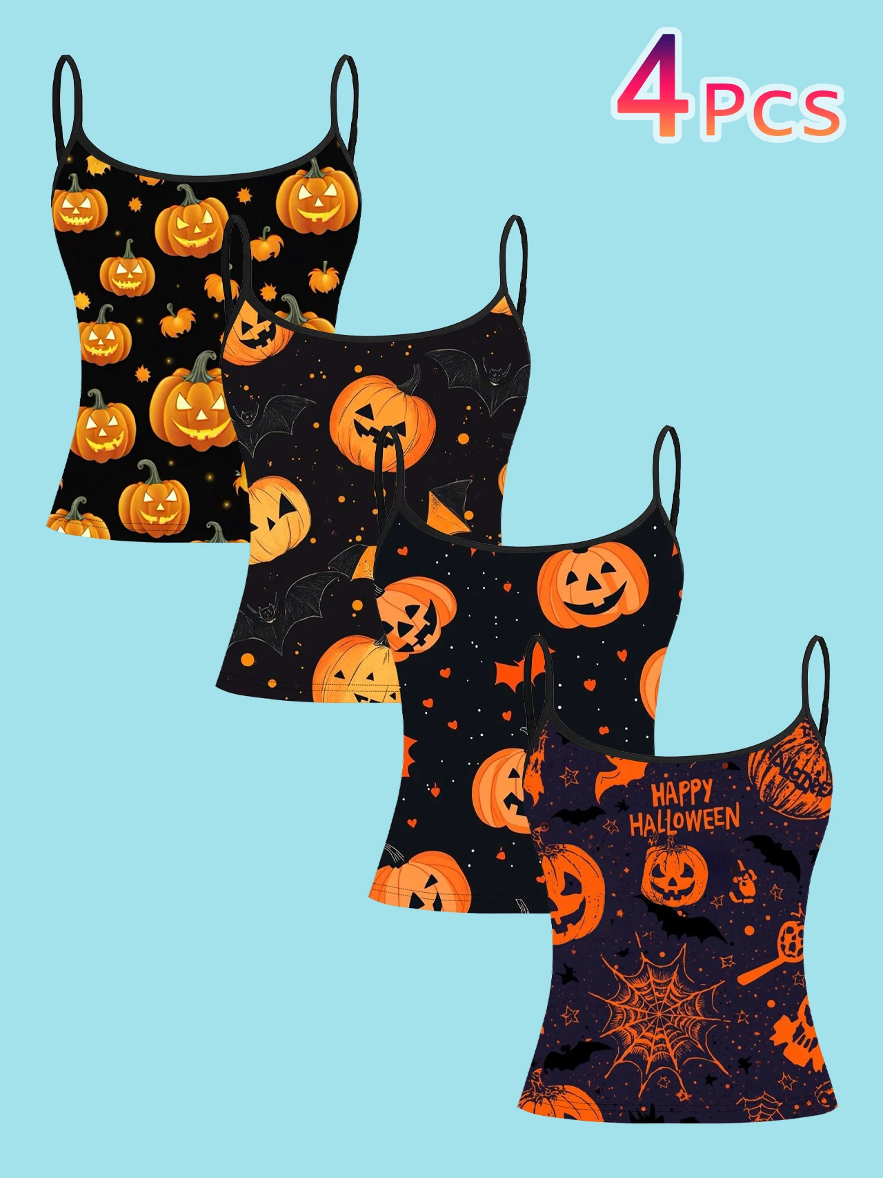 4-Piece Set of Simple Halloween Pumpkin Bat Women's Camisoles, Black Background with Pumpkin, Heart, Spider Web, Happy Halloween Text Printed All Over, Slim-Fit Spaghetti Strap Short Camisole Tops