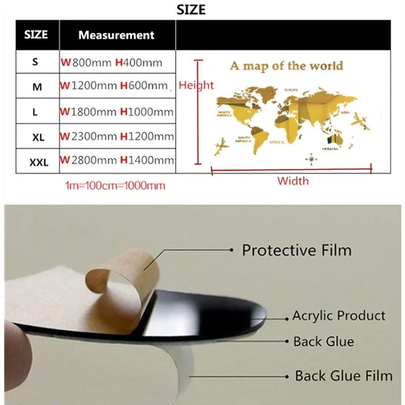 สติกเกอร์ติดผนังอะคริลิค3D แผนที่โลกสติกเกอร์สามมิติสติ๊กเกอร์กระจกสำนักงานห้องนอนพื้นหลังตกแต่งผนัง