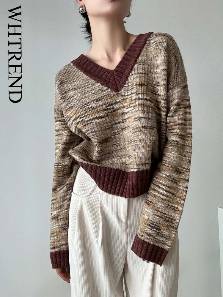 

WHTREND V Neck Pullover Sweater For Women Color Block Long Sleeves Winter Thick Loose Knitted Outerwear Top WH1485