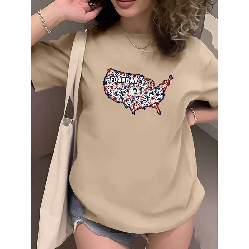 Haut ample européen et américain, haut en pur coton avec imprimé carte des états-unis, T-shirt à manches courtes, mode de rue