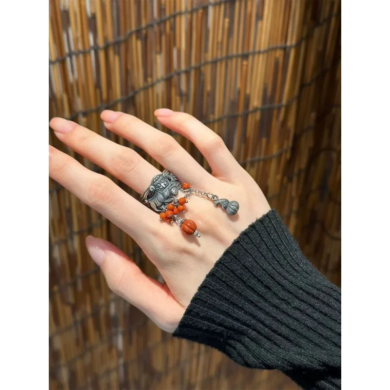 Handmade Bead Ring Melon Calabash Lion Dance Open Band Adjustable Distressed Vintage Chinese Style Statement Jewelry Gift to Her