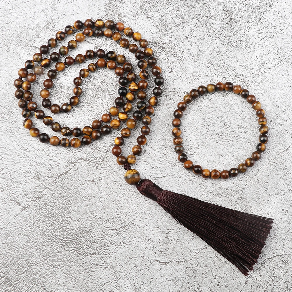 マット & 光沢のある黒のポニーラビーズネックレス,女性と男性のための手作りの結び目ジュエリーセット,ヨガ,瞑想,108