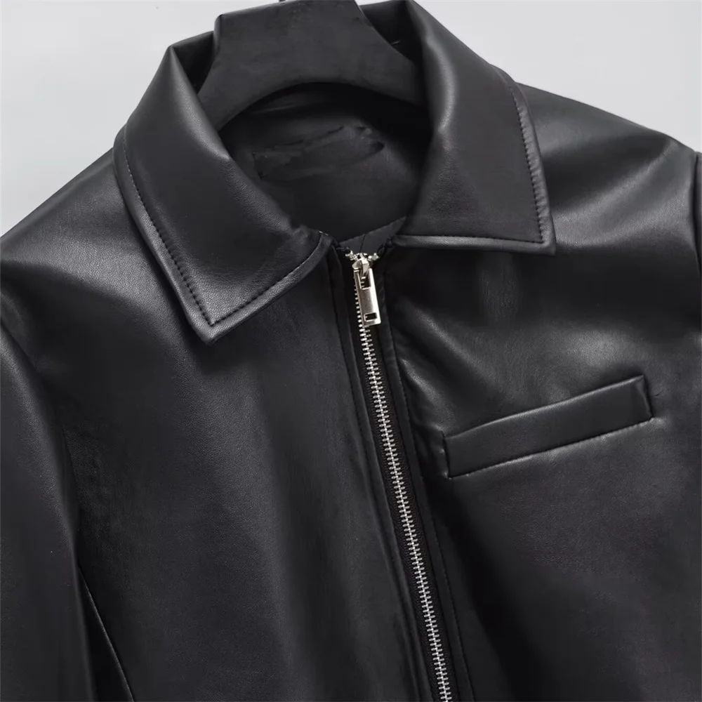 TRAF 2024 Autumn New Product Women\'s Versatile Collar Motorcycle PU Imitation Leather Jacket Short Coat