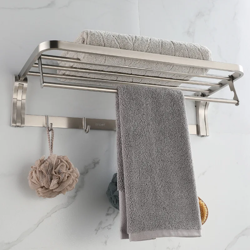 

High Quality Towel Rack Shelf with Hooks Movable Bar SUS 304 Stainless Steel Holder Wall Mount Bathroom Accessories Black