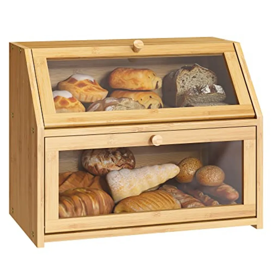 

Farmhouse Bread Box for Kitchen Countertop Bread box Double Layer Bamboo Wooden Extra Large Capacity Bin Kitchen Food Storage C
