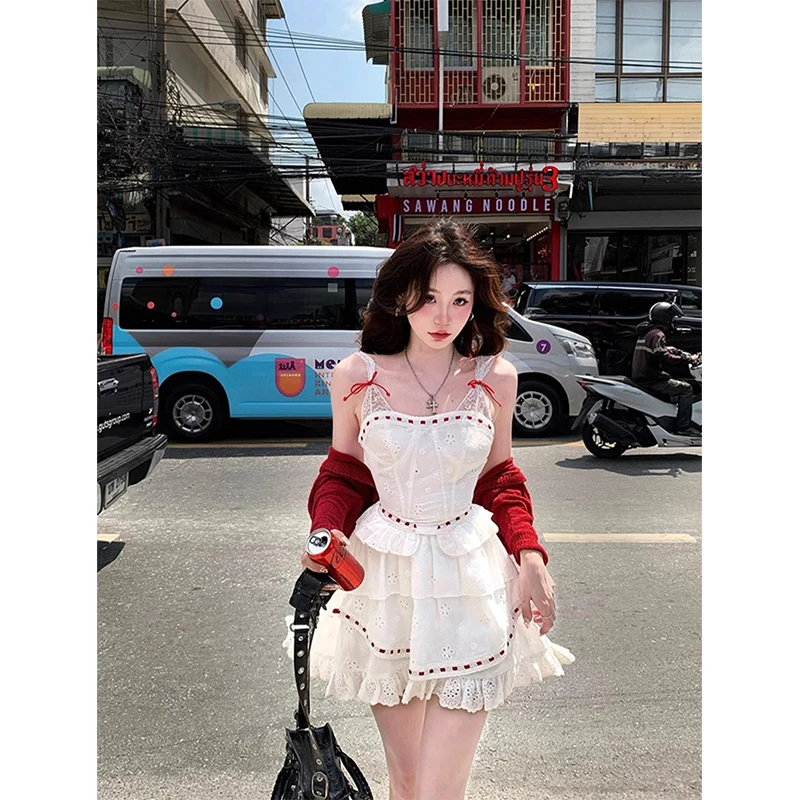 Y2K Irregular Mini Dress Women Fairy Party Lace Bow Strap One Pieces Dresses Summer Vacation Korean Bodycon A Line Vestidos New