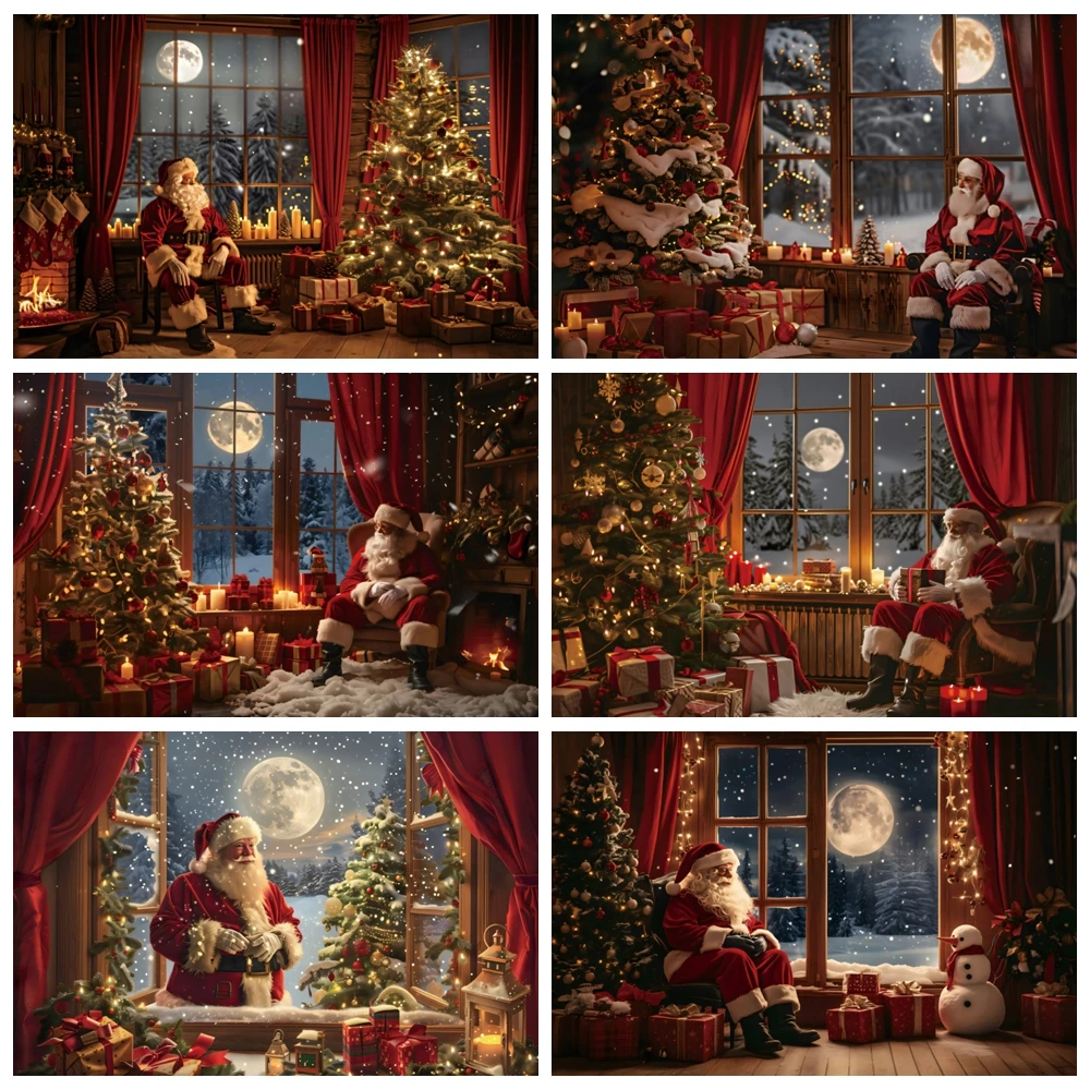 

Christmas Photography Backdrop Winter Window Santa Claus Fireplace Xmas Tree Gifts Xmas Eve Family Party Photo Background Decor