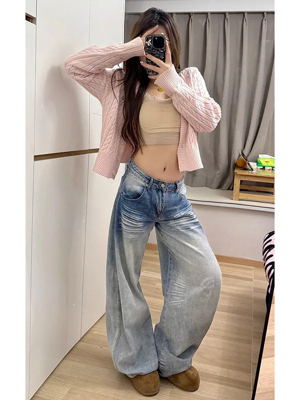 

American Retro Knife Jeans Women's Low Waist Loose Straight Leg Floor Length Scythe Pants Spring New Style Casual Wear