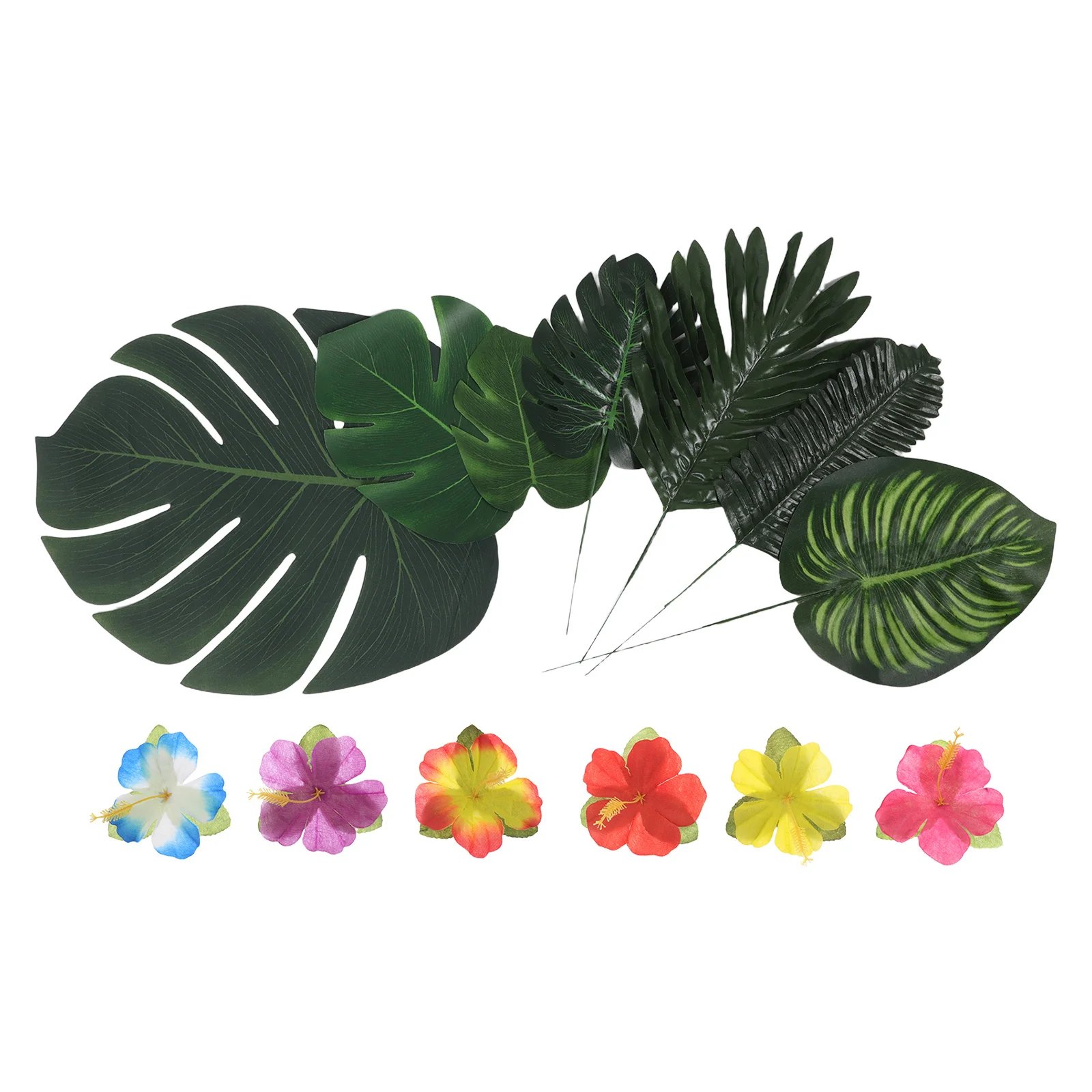 

112Pcs Hawaiian Luau Party Decorations Artificial Hibiscus Flowers Faux Tropical Leaves Palm Tree Theme Party Supplies Beach