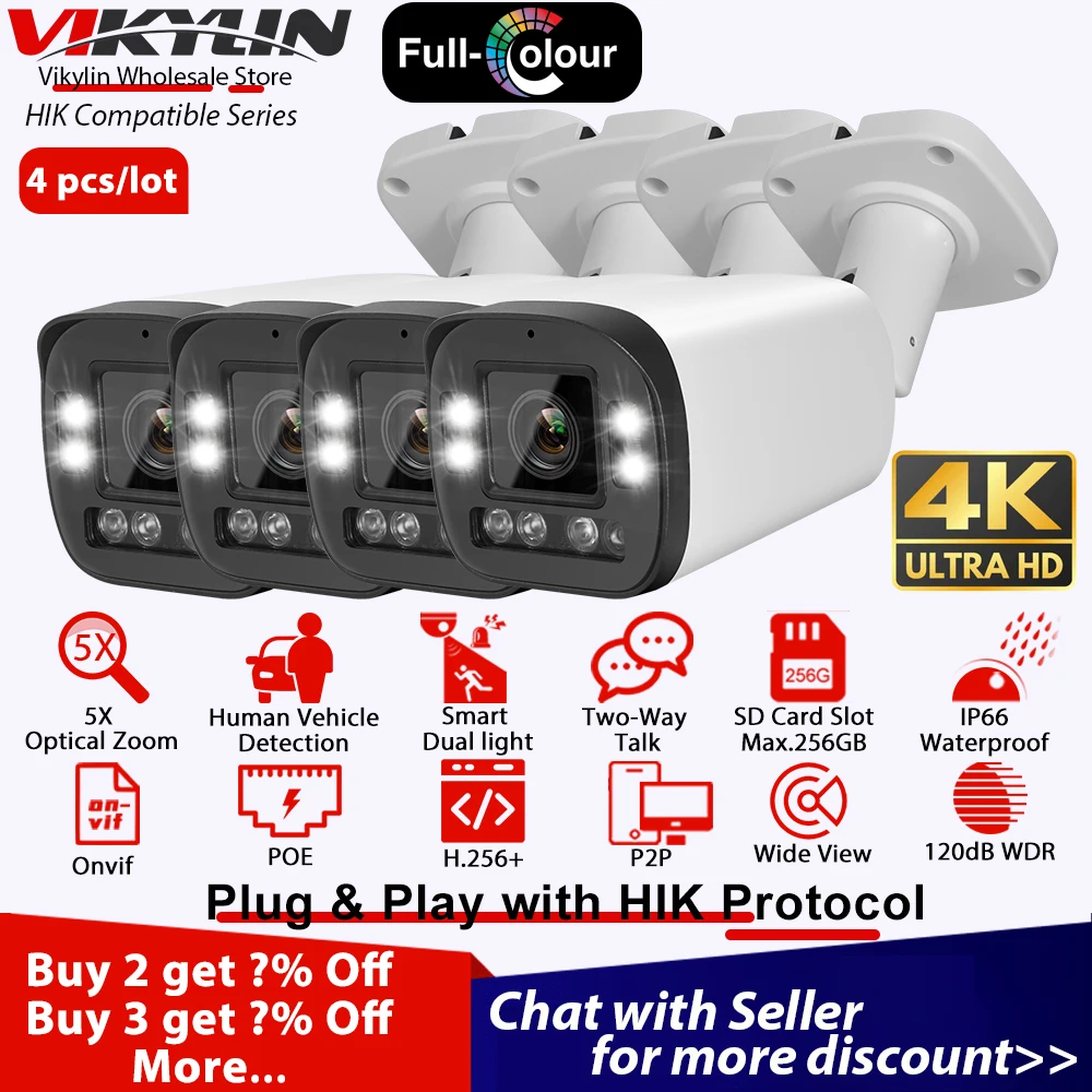 Vikylin 8MP Full Color Bullet Security Camera 5X Zoom for Hikvision Protocol POE Audio SD Human Vehicle Detect CCTV IP Cam 4Pcs