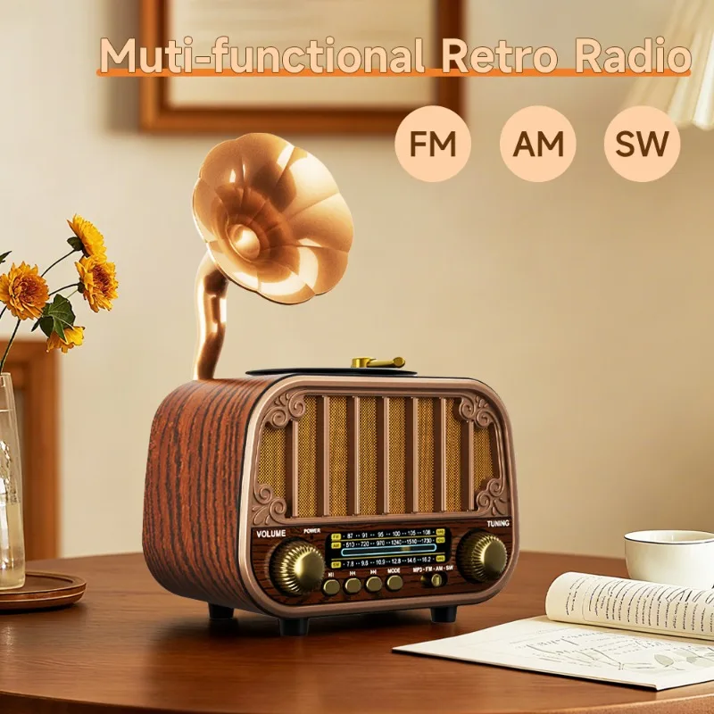 

Ретро-колонка в стиле граммофона с Bluetooth, FM/AM/SW радио и MP3-плеером, декор под дерево для дома и офиса