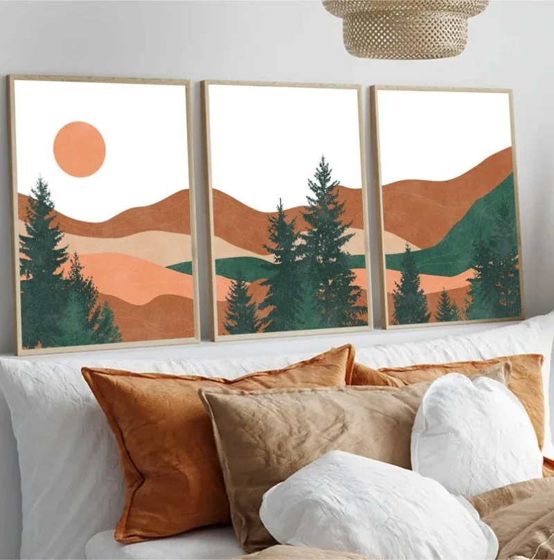 Mid Century Modern Desert Mountain Trees Cactus Sun Landscape Poster Canvas Painting Wall Art for Living Room Home Decor Mural