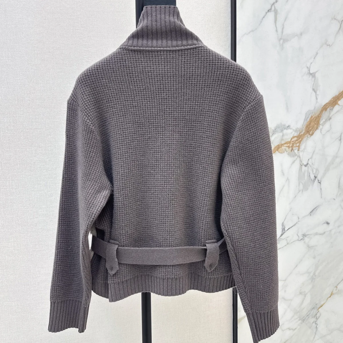 High Quality Women Stand Collar Splice Knit Jacket, Long Sleeve Belted Waist Short Coat lyt261016122