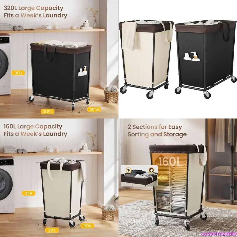 

Dual-Compartment 160L Laundry Hamper with Wheels and 3-Section 320L Rolling Laundry Basket