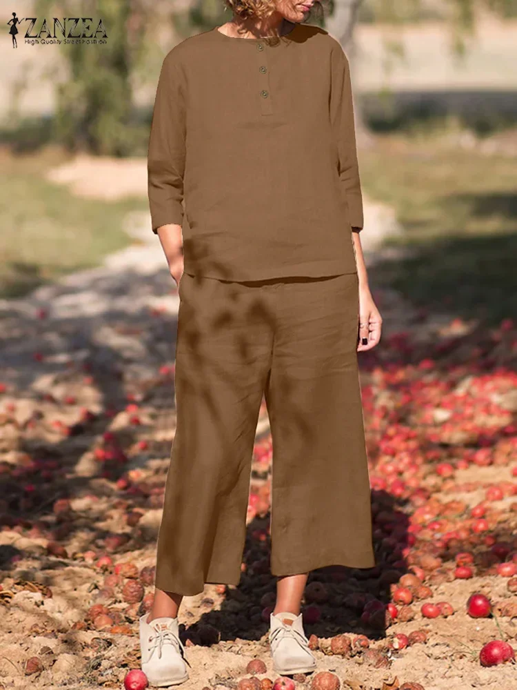 2025 ZANZEA الخريف بانت مجموعات النساء قطعتين مجموعات عادية كم طويل بلوزة واسعة الساق بنطلون دعوى الصلبة وتتسابق فضفاض رياضية