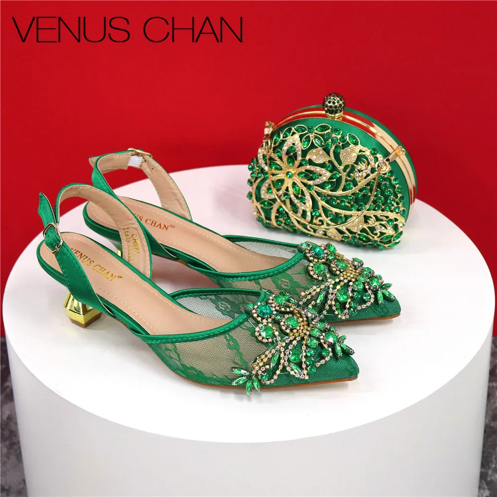 

Sandals Woman Summer 2024 Elegant Design Party Women Shoes and Bag Set Diamond Butterfly Design in Green Color