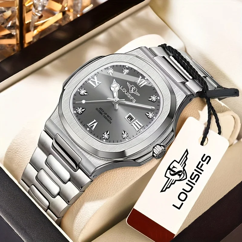 고급 남성용 쿼츠 시계 |   스테인리스 스틸 밴드, 블루 & 골든 액센트, 날짜 표시 - 백팩 C가 포함된 캐주얼하고 우아한 시계