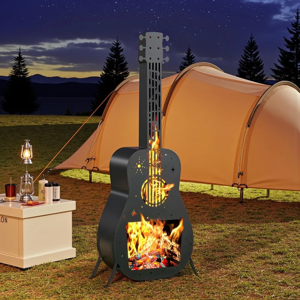 Outdoor Fire Pit Wood Burning Guitar Shaped Chiminea Fireplace Patio Camping Portable
