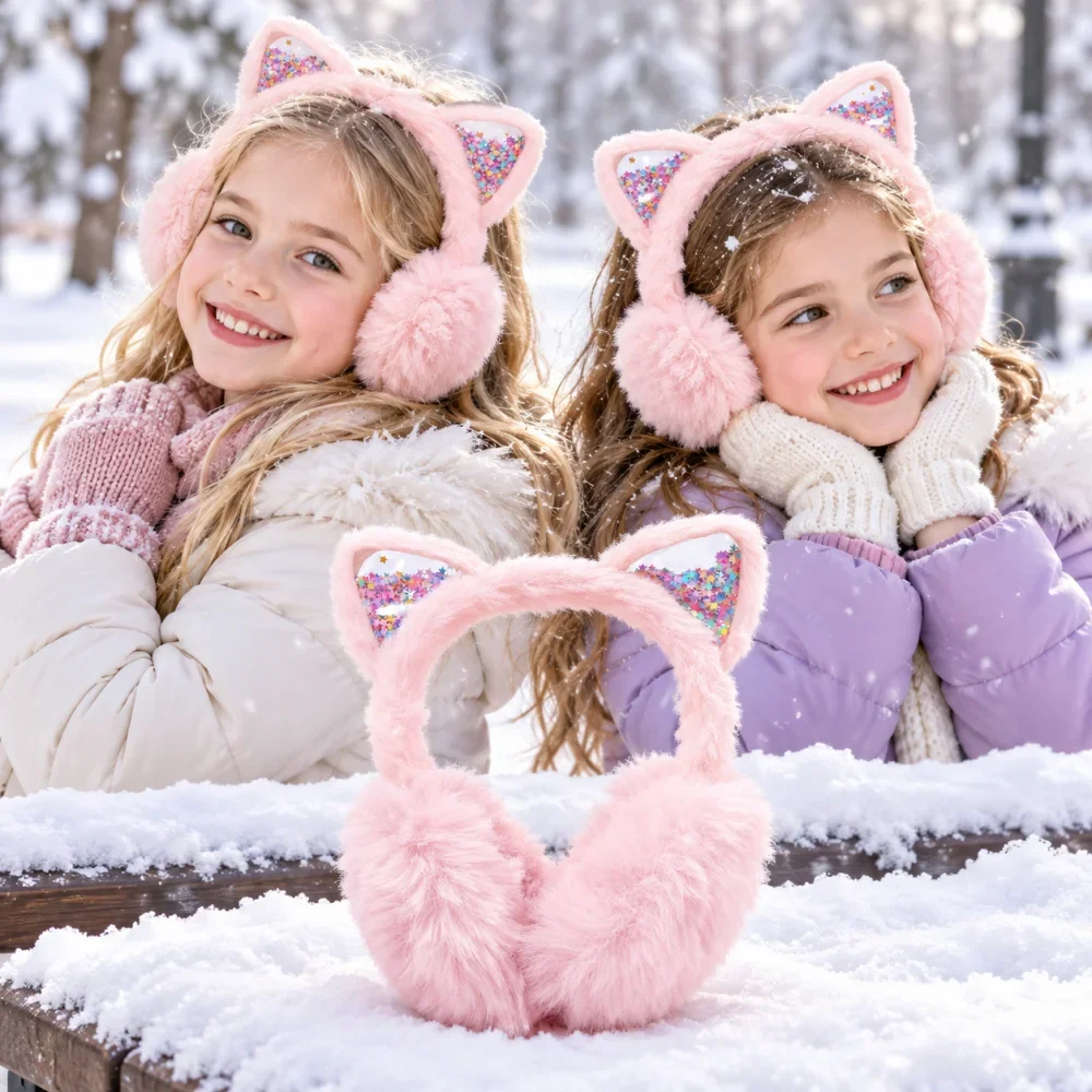 Cute Cat Ear Earmuffs Pink Plush Ear Muffs Headband for Girls Kids with Colorful Star Sequins Children Winter Outdoor Style