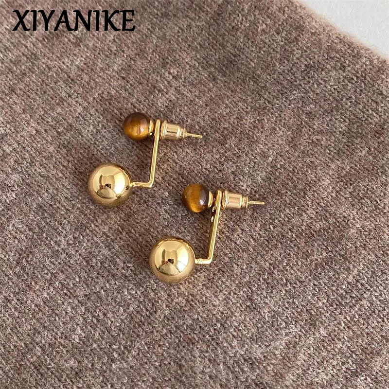 XIYANIKE Tiger Eye Stone Ball Ear Stud Piercing Earrings For Women French Fashion New Jewelry Gift Party Daily серьги