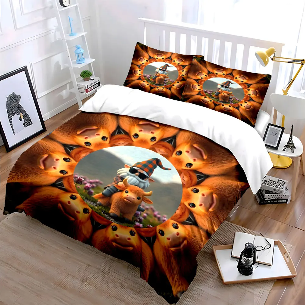 

Cozy Gnome and Highland Cattle Set kid's and adults' bedroom decor, Exquisite three-piece bedding set gift