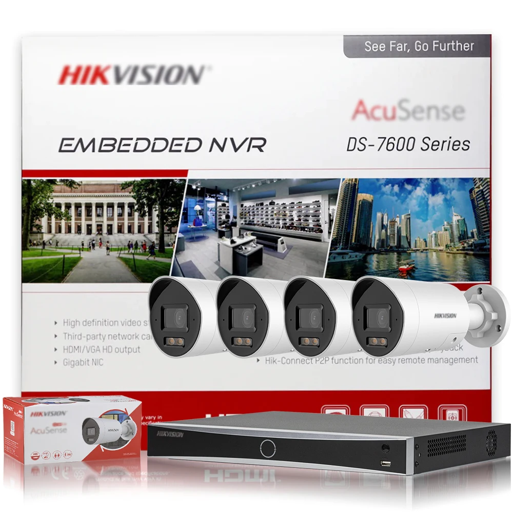 

Комплект Hikvision 4-канальный, 4 МП, цветные IP-камеры Bullet, 8-портовый PoE NVR